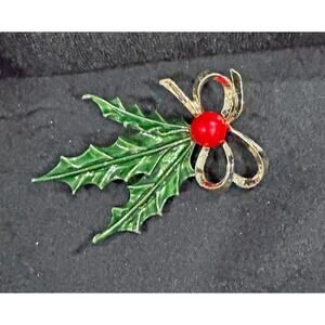 Vintage Christmas Holly Leaf & Bow Brooch Gold Tone Enamel CP122